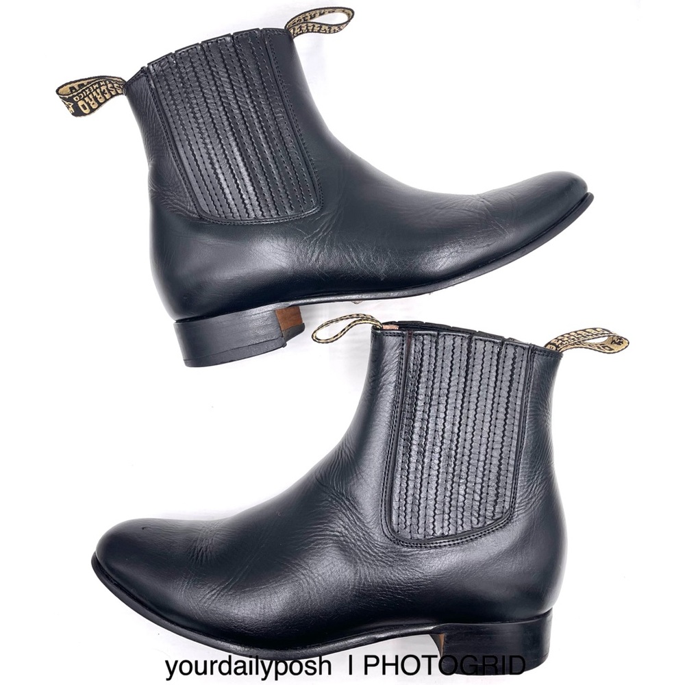 El Besserro black leather Botin Charro pull-on western boots Mexico 25.5 CM
